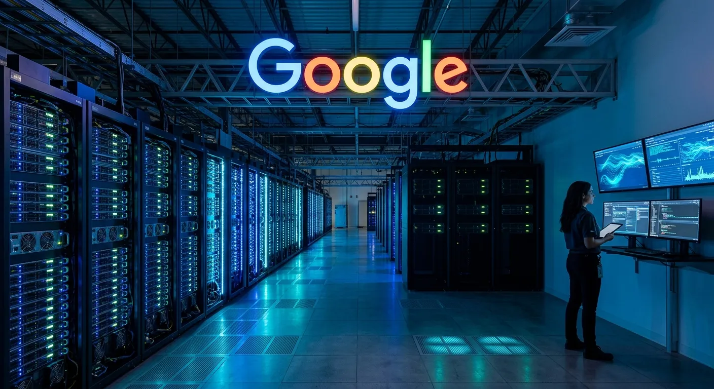 A modern data center hall with rows of glowing server racks, cooling vents emitt